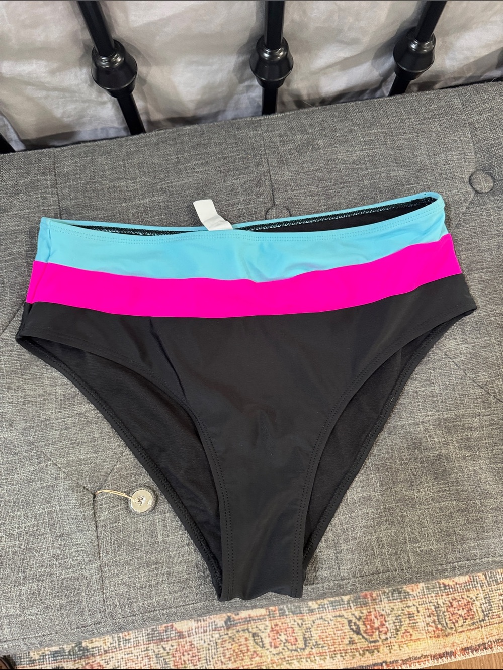 Colorblock Bikini Bottoms - Black with Aqua & Hot Pink Bands